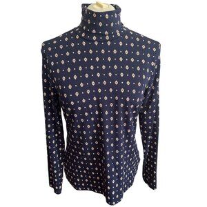 Lands End Womens Shaped Fit Lightweight Turtleneck M Navy & Tan Print